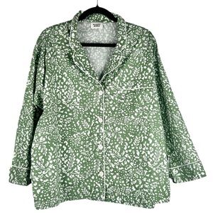 Sleepy Jones Green & White Leaf Print Button Down Long Sleeve Pajama Top Size XL
